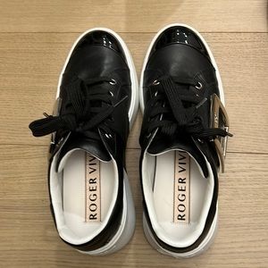 Roger Vivier Women's Viv Skate Metal Buckle Sneakers Black Leather